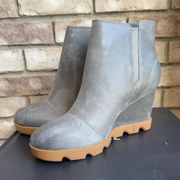 SOREL JOAN UPTOWN ZIP BOOTIE 11 Women's Wedge Boot Grey Waterproof Leather New - Picture 5 of 11